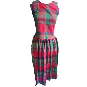 Vtg J. Christopher Madras Cotton‎ Sleeveless Dress Tie SM Colorful Button Back